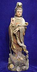 Wood Carved and painted kwanyin - female Boddhisattva (25 in. tall) 19th C - from the Villa Del Prado Light of Asia Collection