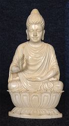 Extraordinary lifelike vintage Indian ivory Buddha seated in 'Gesture of Fearlessness' or 'blessing'  or abhaya mudra (7 in. tall) - early 20th C