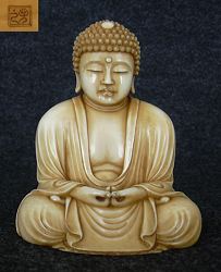 large Japanese ivory Buddha with wonderful patina in pristine condition (3.6 in. tall)  - 19th C  signed by the artist Yoshiyuki - finest Museum masterpiece