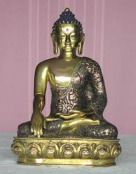 Nepalese Buddha - brass and silver over copper casting - intricately carved cloak of dragons (11 in. tall) - mid 20th century