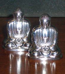 Vintage sterling silver salt and pepper shakers - finely detailed buddha images (2 in. tall)